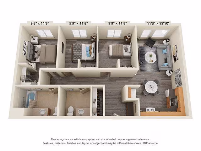 3 Bedroom 1.5 Bath 60 Percent AMI 615 floor plan
